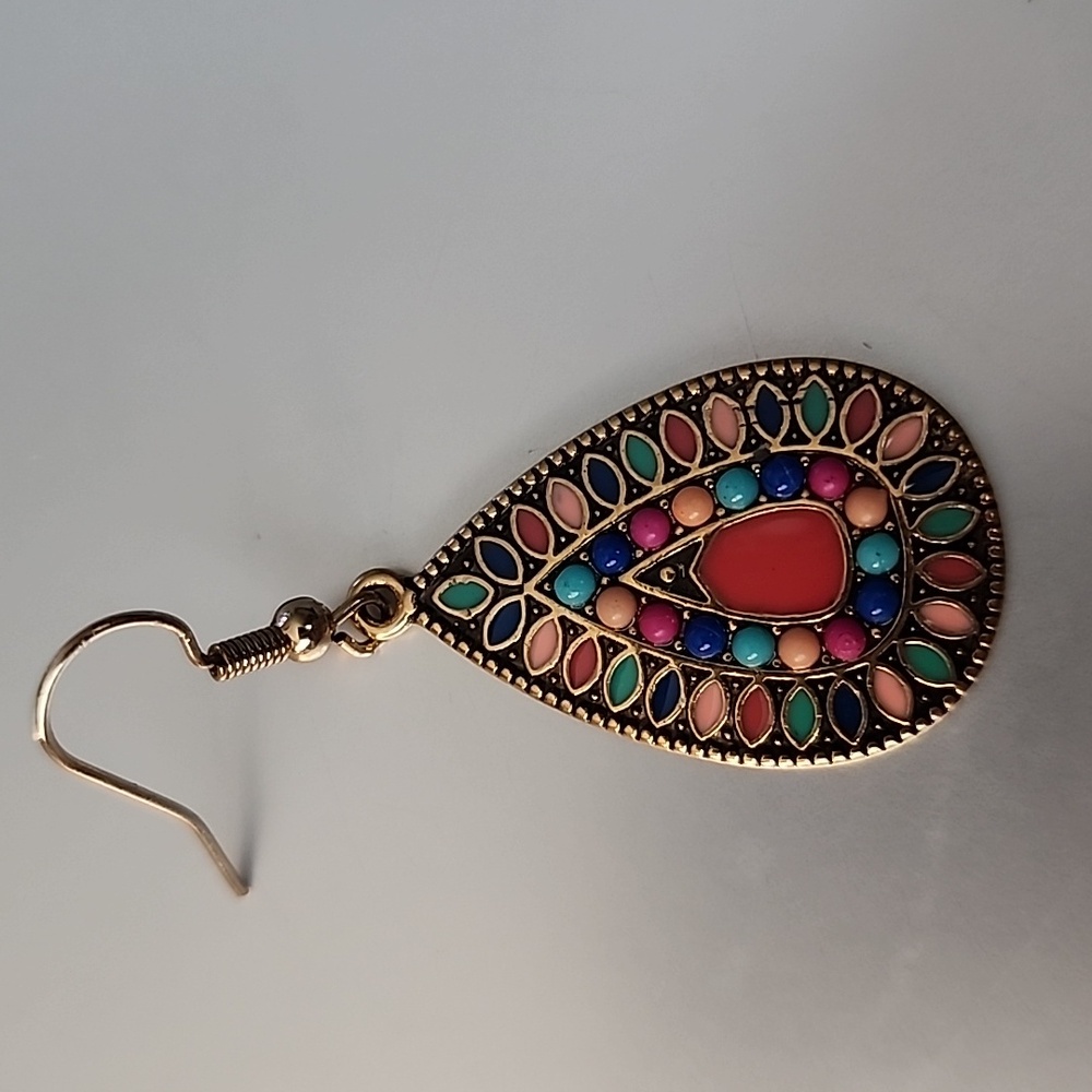 Boho Beaded Teardrop Colorful Beads And Enamel Antique GOLD - Picture 2 of 3